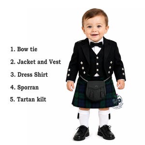 May include: A formal outfit consisting of a black bow tie, a black jacket and waistcoat with silver buttons, a white dress shirt, a black leather sporran with a silver chain, and a blue and green tartan kilt, paired with white socks and black shoes.