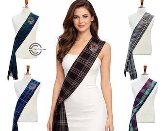 Fajín de tartán escocés con broche a juego para mujer, tamaño 90" x 12". Bufanda tradicional de tartán hecha a mano para mujer, disponible en más de 100 colores de tartán.