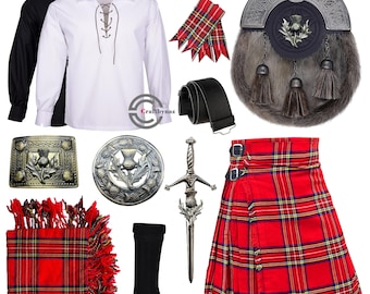 Sporran escocés antiguo con estampado de cardo, 10 piezas, traje de kilt para hombre, conjunto de kilt de boda de las Tierras Altas. Disponible en más de 100 tartanes.