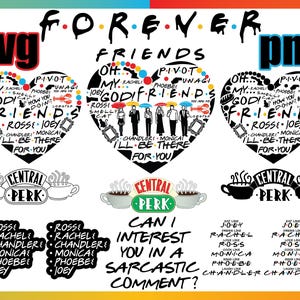 Może przedstawiać: Cyfrowa kolekcja grafik z motywem Friends, zawierająca chmury słów w kształcie serca z imionami postaci i cytatami, logotypy Central Perk oraz elementy tekstowe, takie jak "Can I interest you in a sarcastic comment?" w czerni i kolorze.