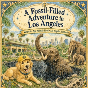 Puede incluir: Una portada de libro titulada A Fossil-Filled Adventure in Los Angeles con un golden retriever con gorra amarilla, un mamut en un estanque oscuro, un mamut más pequeño, un bebé mamut y el horizonte de una ciudad al fondo.