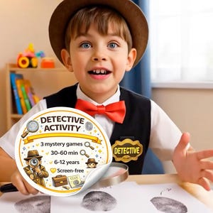 Puede incluir: Un niño vestido de detective sonríe, con sombrero marrón, pajarita roja y chaleco. Una pegatina circular anuncia una actividad de detective con 3 juegos de misterio, 30-60 min, para edades de 6-12 años, y sin pantalla. Huellas dactilares y lupa.