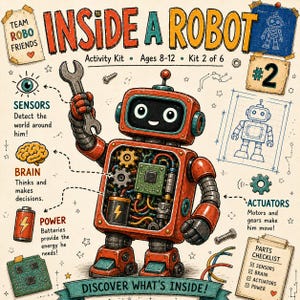 Puede incluir: Un kit de actividades educativas titulado "Inside a Robot" para niños de 8 a 12 años. La ilustración presenta un robot rojo con componentes internos etiquetados, incluyendo sensores, cerebro, energía y actuadores. Kit 2 de 6.