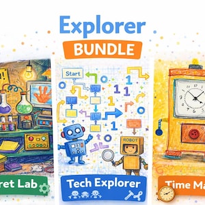 Puede incluir: Ilustración de un "Explorer Bundle" con tres imágenes temáticas. "Secret Lab" muestra un laboratorio con vasos de precipitados y un letrero de "Forbidden". "Tech Explorer" tiene robots y un diagrama de flujo. "Time Machine" muestra un reloj y un niño con una lupa.