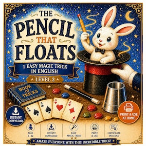 May include: A whimsical illustration for a magic trick kit. A white rabbit in a top hat holds a pencil, with the text "The Pencil That Floats." Includes playing cards, a magic wand, and a book titled "Book of Tricks."