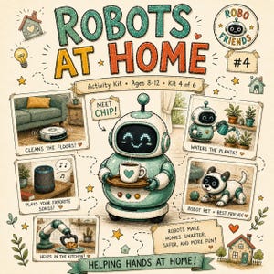 Puede incluir: Kit de actividades ilustrado "Robots en casa" para edades de 8 a 12 años. La imagen presenta un simpático robot, Chip, sosteniendo una bandeja con una taza. Otras ilustraciones muestran robots limpiando, regando plantas y reproduciendo música.