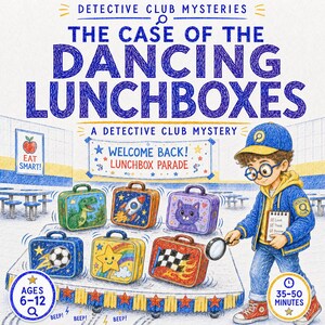 Puede incluir: Una portada de libro titulada Detective Club Mysteries: The Case of the Dancing Lunchboxes. Muestra a un niño detective con una lupa, seis loncheras ilustradas y texto que incluye Welcome Back! Lunchbox Parade y Eat Smart!