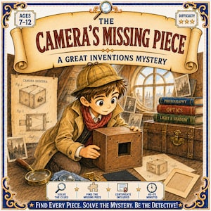 Puede incluir: Una caja de juego de mesa titulada The Camera's Missing Piece: A Great Inventions Mystery. La portada muestra a un joven detective con abrigo beige y gorra de cazador examinando una cámara de madera, rodeado de diagramas y libros.