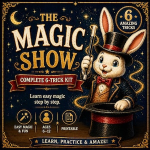Könnte beinhalten: Ein Vintage-Poster für "The Magic Show" mit einem Cartoon-Kaninchen in einem Zaubererkostüm. Das Poster enthält den Text "Complete 6-Trick Kit", "Easy Magic & Fun" und "Learn, Practice & Amaze!" Das Kaninchen hält einen Zauberstab und einen Zylinder.