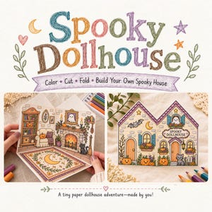 Op de afbeelding: Een doe-het-zelf papieren knutselset getiteld Spooky Dollhouse met een inkleurbare interieurscène met open haard, boekenplank en geest, en een exterieurscène met pompoenen, een kat en een vleermuis. De set bevat instructies om te kleuren, knippen en vouwen.