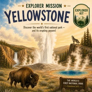 Puede incluir: Un póster ilustrado para una Misión Exploradora al Parque Nacional de Yellowstone. La imagen presenta un bisonte, un géiser en erupción, un lobo y un letrero que dice "El primer parque nacional del mundo - Establecido en 1872."
