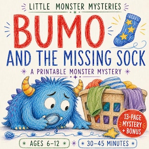 Puede incluir: Una portada de libro infantil imprimible titulada Little Monster Mysteries Bumo and the Missing Sock. Muestra un monstruo azul peludo con cuernos amarillos sosteniendo una lupa, una cesta de ropa y un calcetín azul con estrellas amarillas.