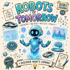 Puede incluir: Un kit de actividades ilustrado titulado "Robots of Tomorrow" con una figura de robot central. El diseño presenta elementos futuristas, incluyendo coches voladores, interfaces holográficas y un paisaje urbano. El texto incluye "Discover What's Coming!"