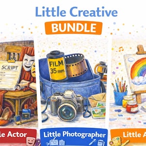 May include: An illustration of a creative bundle with three sections: Little Actor, Little Photographer, and Little Artist. The Little Actor section includes a script, shoes, and a film clapper. The Little Photographer section includes a camera and film. The Little Artist section includes a rainbow painting.