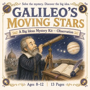 Puede incluir: Una cubierta de caja cuadrada titulada Galileo's Moving Stars: A Big Ideas Mystery Kit - Observation. La ilustración muestra a un hombre barbudo mirando a través de un telescopio hacia un planeta y estrellas, con un libro abierto y un tintero.