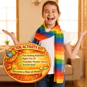 Puede incluir: Una persona lleva una bufanda arcoíris y una camiseta blanca, sosteniendo un letrero de "Actor Activity Kit". El letrero es un óvalo dorado con el texto "Fun Acting Activities, Ages 7 to 12, Printable Theater Games, Screen-free!" y "Become a Star at Home!"