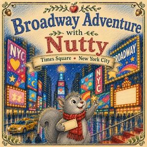 Puede incluir: Ilustración de una ardilla en Times Square, Nueva York, sosteniendo una estrella y un boleto. La imagen presenta el texto "Broadway Adventure with Nutty" y "Times Square New York City". El fondo muestra vallas publicitarias brillantes y un taxi amarillo.