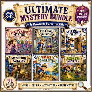 Printable Mystery Games Bundle for Kids Ages 8-12, 6 Detective Activities, Escape Room Style Puzzles, Bonus Crafts, Instant Download