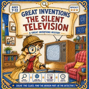 Puede incluir: Una caja de juego de mesa titulada Great Inventions The Silent Television, que muestra a un detective de dibujos animados con lupa y linterna, un televisor antiguo, un sillón rojo y texto indicando edades 7-12 y 45-75 minutos.