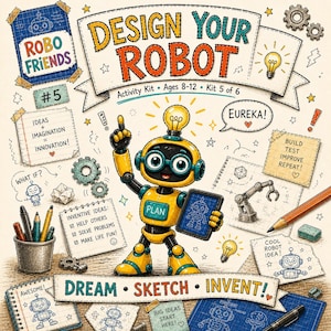 Puede incluir: Una ilustración de un kit de actividades titulado "Design Your Robot" para niños de 8 a 12 años. La imagen presenta un personaje de robot amarillo sosteniendo una tableta con un plano de robot. El diseño incluye las palabras "Dream, Sketch, Invent!" y "Robo Friends #5."
