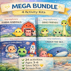 May include: A colorful image of a 'Mega Bundle' of 4 activity kits for kids, featuring 'Farm Animals', 'Dino Friends', 'Space Explorers', and 'Under the Sea'. Each kit includes coloring, stickers, and cut & paste activities, designed for ages 3-6.