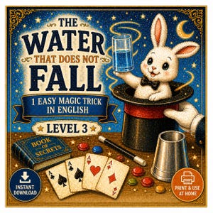 Puede incluir: Ilustración caprichosa para un truco de magia. Un conejo blanco en un sombrero de copa sostiene un vaso de agua. La imagen incluye naipes, una varita mágica y el texto "THE WATER THAT DOES NOT FALL".