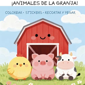 May include: A colorful illustration featuring a red barn with a smiling face, a yellow chick, a pink pig, and a black and white cow. The text reads "tiny explorers" and "Farm Animals" in Spanish, with activity prompts.