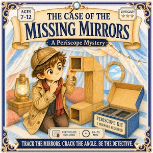 Puede incluir: La caja del juego The Case of the Missing Mirrors A Periscope Mystery muestra a un detective con gabardina beige, un periscopio de madera y una caja azul. El texto incluye Ages 7-12, dificultad 3 estrellas y 45-75 minutos de juego.