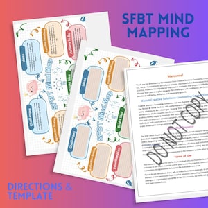 May include: Three pages of SFBT Mind Mapping worksheets featuring a grid background, colorful rounded text boxes labeled Ideas, Challenges, Possible Solutions, Actions to Do, and Bright Idea, plus a welcome page with text about counseling resources.