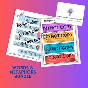 May include: A Words & Metaphors bundle featuring two educational worksheets with colourful headers, text, and puzzle piece graphics. The top right corner displays a lightbulb logo with the text Creative Solutions Counseling Connection Together We Solve Problems.
