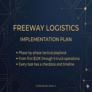 Może przedstawiać: Granatowy grafika z złotym tekstem "FREEWAY LOGISTICS IMPLEMENTATION PLAN". Zawiera plan wdrożenia, operacje od 42 000 zł do 5 ciężarówek i listy kontrolne. Tło przedstawia projekt mapy drogowej.