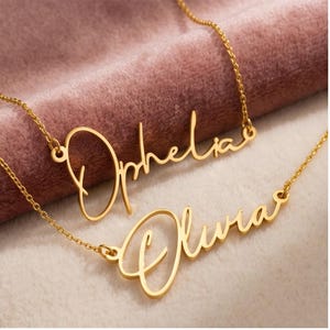 Collar con nombre personalizado, collar con letra manuscrita personalizada, joyería delicada de acero inoxidable con oro de 18 quilates, placa con nombre escrito a mano, regalo para ella.