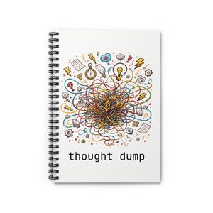 May include: White spiral-bound notebook with the words "thought dump" in black. The cover features a colorful illustration of tangled lines and various icons, including lightbulbs, clocks, and lightning bolts. A creative and organizational tool.
