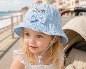 Personalized Baby Girl Sun Hat with Name Embroidery, Cute Bow Beach Hat, Summer Baby Shower Gift