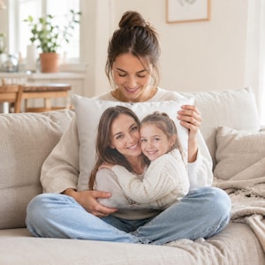 May include: A white square pillow featuring a color photograph of a woman and a young girl embracing. The pillow is held by a person sitting on a beige sofa. The image is well-lit and shows a cozy, domestic scene.