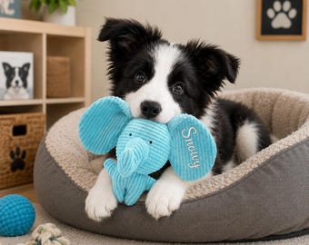 Personalized Dog Toy, Custom Embroidered Elephant Plush Toy, Puppy Gift, Pet Name Toy, Cute Squeaky Dog Toy for Small Dogs