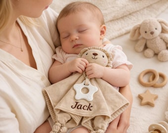 Personalized baby with Name, Custom Organic Cotton Security Blanket, Lion Bear Rabbit Elephant Baby Shower Gift, Teething Toy for Newborn
