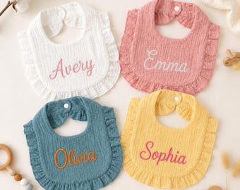 Personalized Ruffle Baby Bib, Embroidered Baby Name Bib, Cotton Muslin Bib, Custom Baby Shower Gift