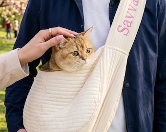 Custom Name Quilted Pet Sling Bag | CreamMocha Neutral Tone Pet Carrier,Hands-Free DogCat Travel Sling, Cozy Outdoor Pet Carry Pouch