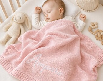Custom Baby Name Blanket|Embroidered Baby Blanket|Soft Cotton Knit Baby Blanket|Baby Shower Gift| Newborn Blanket|Keepsake Gift for Baby