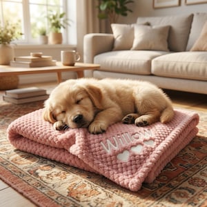 Op de afbeelding: Een slapende golden retriever puppy rust op een roze, getextureerde deken. De deken heeft de naam "Willow" in het wit geborduurd, samen met twee witte harten. De puppy ligt op een patroonkleed in een gezellige woonkamer.