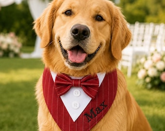 Personalized Wedding Dog Bandana, Custom Dog Name Tuxedo Bandana, Dog Gift for Wedding, Pet Ring Bearer Outfit, Dog Bow Tie Scarf