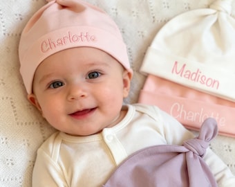 Personalized Embroidered Baby Knot Hat | Custom Name Newborn Beanie | Soft Cotton Baby Shower Gift