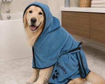 Personalized Pet Bathrobe, Custom Dog and Cat Towel Robe with Name Embroidery, Hooded Pet Drying Coat, Pet Spa Gift