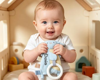 Personalized Animal Teething Toy | Custom Name Embroidered Baby Lovey | Soft Cotton Teether Ring | Newborn Shower Gift
