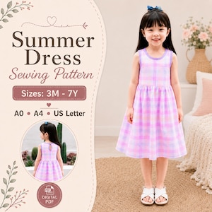 May include: A digital sewing pattern for a sleeveless summer dress with a purple and pink plaid print. The text reads Summer Dress Sewing Pattern, Sizes: 3M - 7Y, A0, A4, US Letter, and Digital PDF. The dress features a round neckline and a gathered skirt.