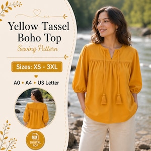 Könnte beinhalten: Ein digitales Schnittmuster für ein gelbes Boho-Oberteil mit Quasten, mit dem Text Yellow Tassel Boho Top Sewing Pattern, Sizes: XS - 3XL, A0 - A4 - US Letter und Digital PDF. Das Bild zeigt ein gelbes Oberteil mit Quasten.