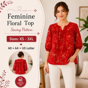 Puede incluir: Un patrón de costura digital para una blusa floral femenina, con el texto Feminine Floral Top Sewing Pattern, Sizes: XS - 3XL, A0, A4, US Letter y Digital PDF. La imagen muestra una blusa roja con un pequeño estampado floral y borlas.