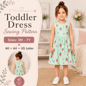 Cartamodello PDF per vestito estivo da bambina, cartamodello per vestitino da neonata, tutorial di cucito per vestiti per bambini, cartamodello per vestito da neonata in formato A0 e A4, cartamodelli facili da cucire per bambini dai 3 mesi ai 7 anni.