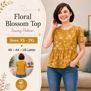 Peplum Ruffle Top Sewing Pattern (XS-2XL), Boho Top Pattern PDF, Easy Sewing Patterns for Beginners, Summer Blouse for Women